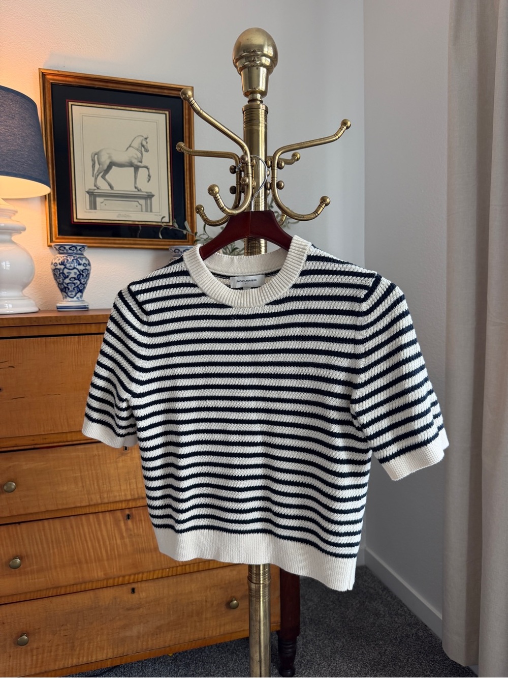 Banana Republic Black & White Striped Short-Sleeve Crew Sweater